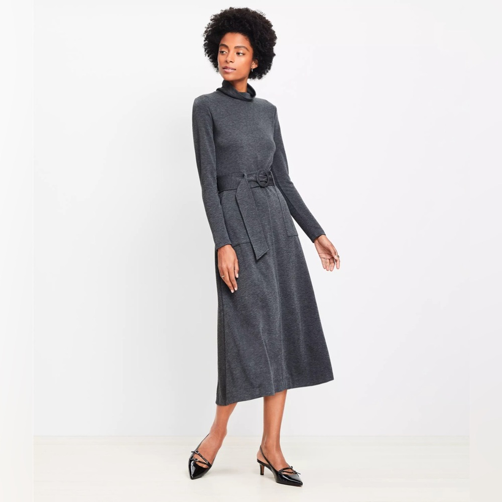 Loft Long Grey Belted Dress